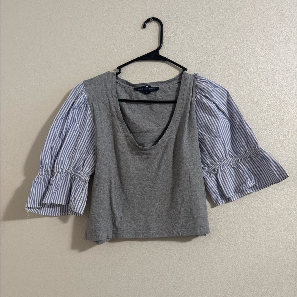 French Connection Gray Top with Blue Striped Sleeves